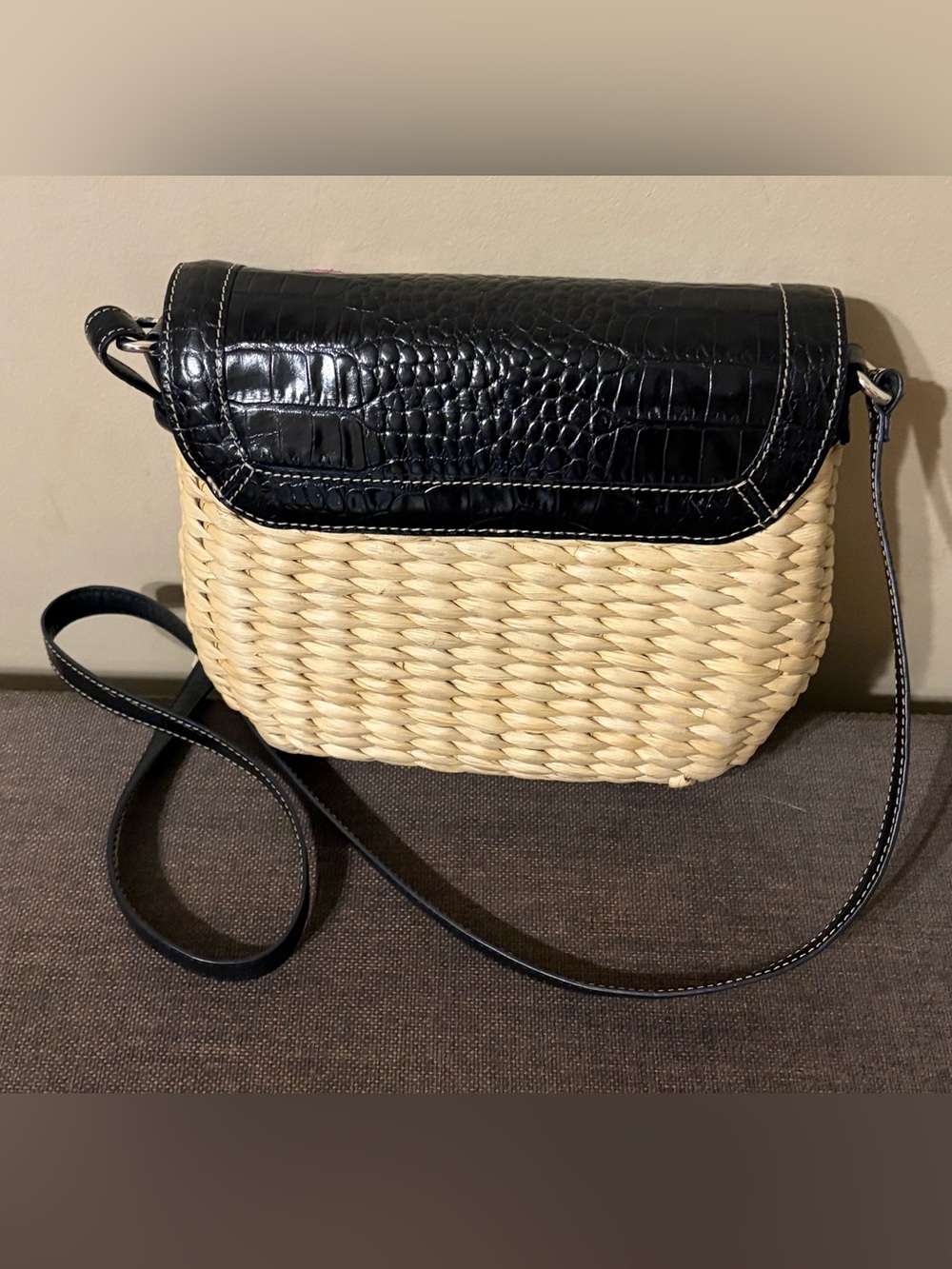 Brighton Black Leather-Trim Woven Crossbody with Floral & Dragonfly Appliqués - Picture 2 of 4